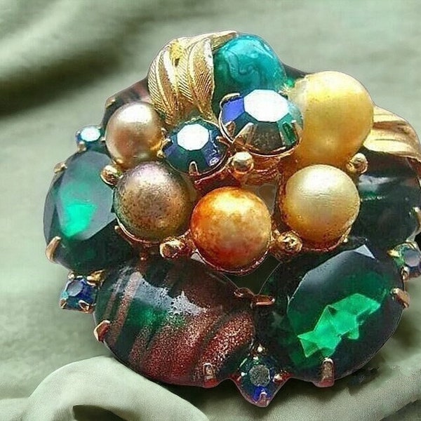 Cluster Glass Emerald Brooch, Faux Pearl Copper Fluss, Art Glass, AB Rhinestones 3D Gold Tone, Vintage