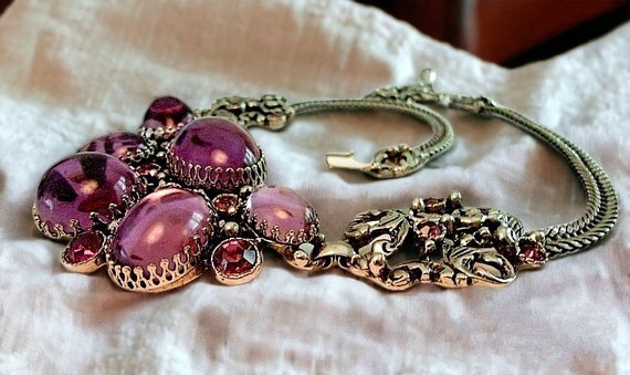 SELRO Purple Rhinestone Necklace, Large Glass Cab… - image 3