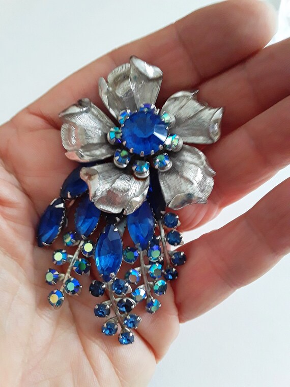 Signed SELINI Flower Brooch, Blue & AB Rhinestone… - image 8