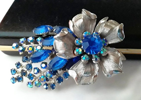 Signed SELINI Flower Brooch, Blue & AB Rhinestone… - image 1