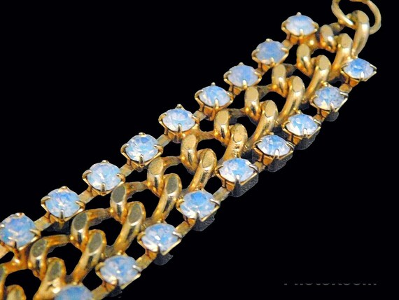 Opalescent Rhinestone Tennis Bracelet, Gold Plate… - image 8