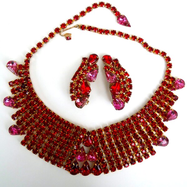 Red Rhinestone Necklace-Earrings Art Deco Set, Pink Rhinestones, Vintage Weiss