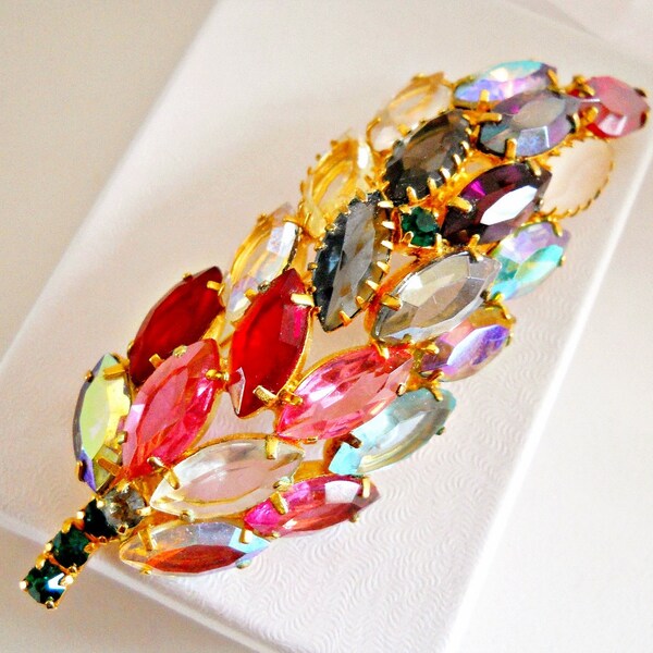 Rhinestone Brooch Multi Colors Domed Vintage Large Leaf Pin Gorgeous