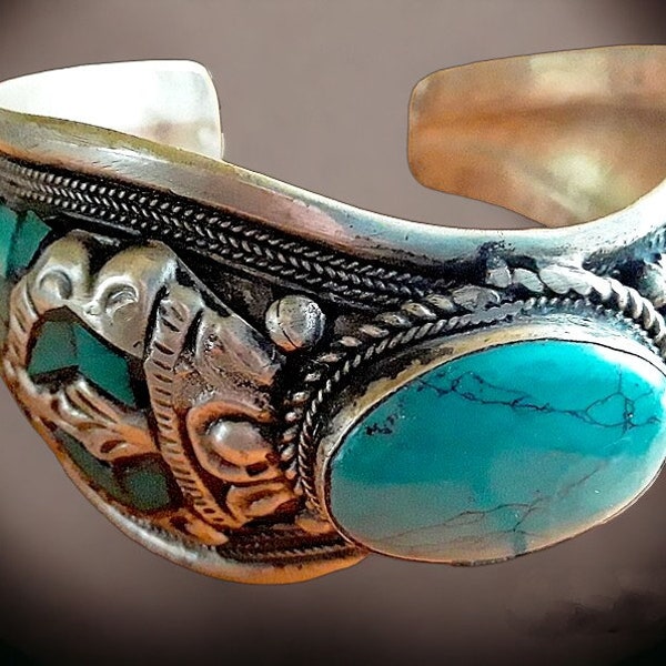 Turquoise Silver Cuff Bracelet, Greek Style, Inlay Stones, Vintage