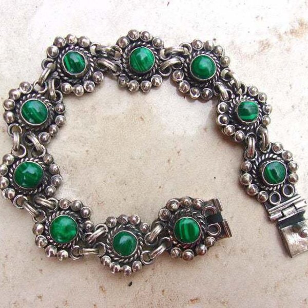Malachite Mexico Sterling Silver Bracelet, Cabochons, Green Floral Southwest Vintage