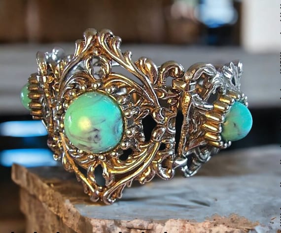 Victorian Revival Faux Turquoise Bracelet, Caboch… - image 1