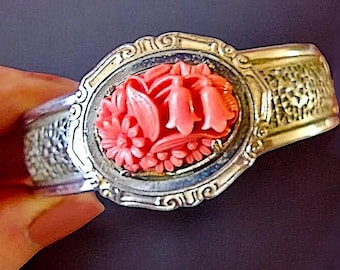 Celluloid Coral Victorian Filigree Bracelet, Carved Floral Flowers, Silver Tone Mesh, Vintage