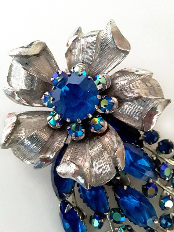 Signed SELINI Flower Brooch, Blue & AB Rhinestone… - image 6