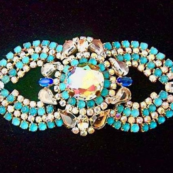 Czech Turquoise Rhinestone Bracelet, Husar.D,  Art Deco Pastel AB, Extra Wide, Vintage