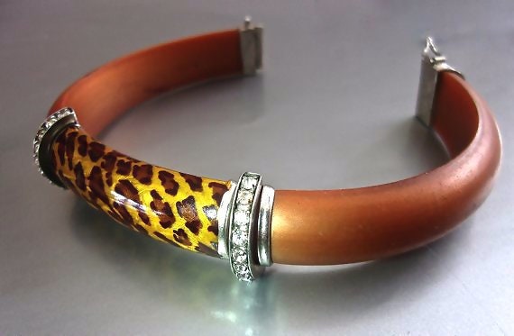 Enamel Animal Print Sterling Bracelet, Clear Rhin… - image 6