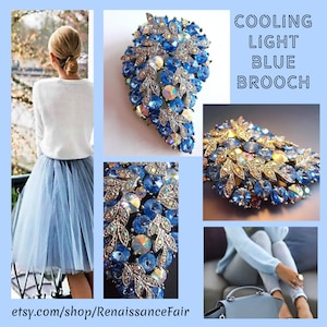 Blue AB Rivoli Rhinestone Cluster Brooch, Silver Leaves, Paisley Shape ...