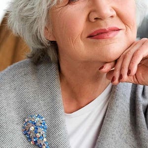 Blue AB Rivoli Rhinestone Cluster Brooch, Silver Leaves, Paisley Shape ...