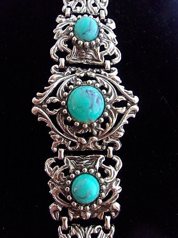 Victorian Revival Faux Turquoise Bracelet, Caboch… - image 3