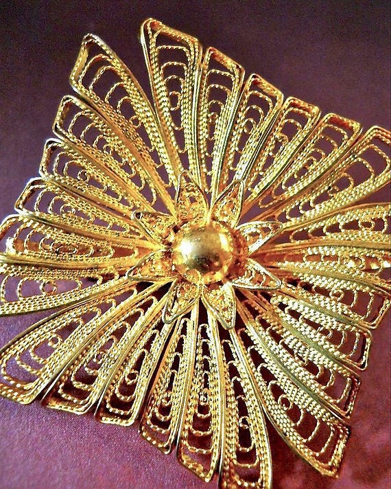 1000 Pure Silver Cannetille Brooch Pin, Gold Wash… - image 3