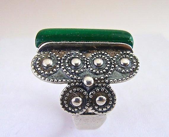 Russian Malachite 875 Silver Ring, Retro Etruscan… - image 4