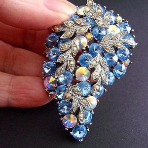 Blue AB Rivoli Rhinestone Cluster Brooch, Silver Leaves, Paisley Shape ...