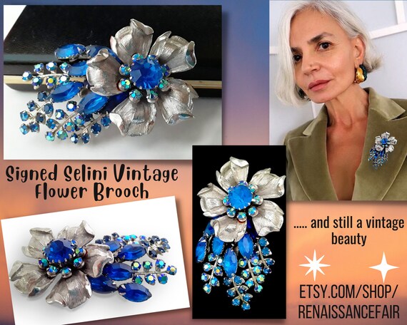 Signed SELINI Flower Brooch, Blue & AB Rhinestone… - image 10