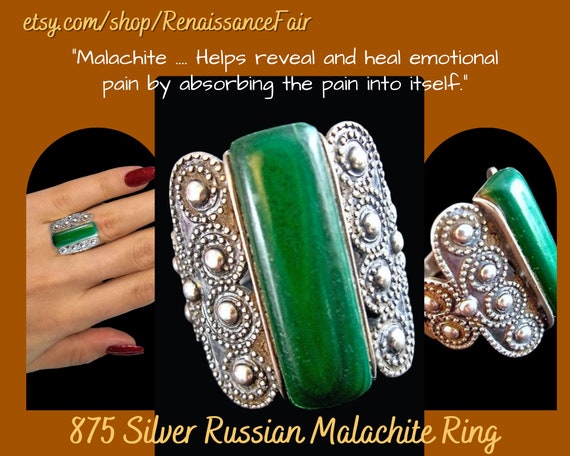 Russian Malachite 875 Silver Ring, Retro Etruscan… - image 10