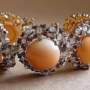 Vintage Kafin New York Domed Peach/Caramel Glass Cabochon Bracelet w/Floral & Clear Rhinestones