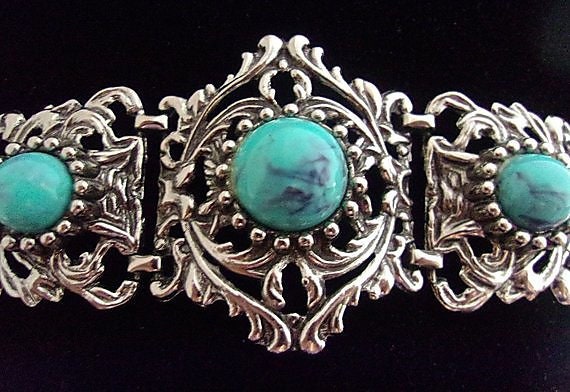 Victorian Revival Faux Turquoise Bracelet, Caboch… - image 2