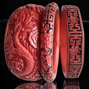 Chinese Cinnabar Bangle Set (3), Dragon, Phoenix & Floral Carvings, Red Lacquer Bracelets, Vintage