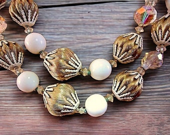 Satinierte Japan-Halskette mit goldenen und weißen Perlen, facettiertem Kristall, Doppelstrang, Vintage