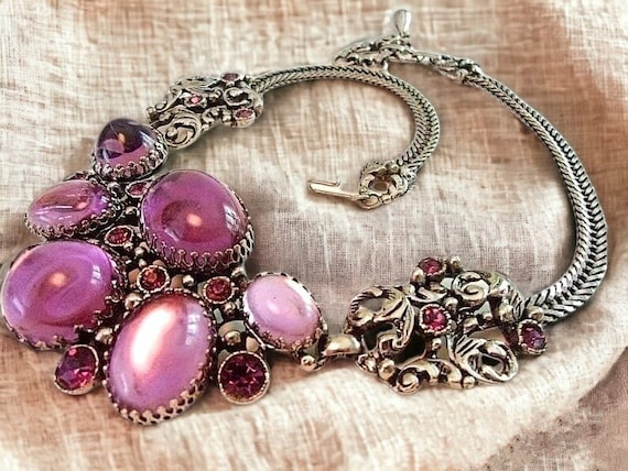 SELRO Purple Rhinestone Necklace, Large Glass Cab… - image 1