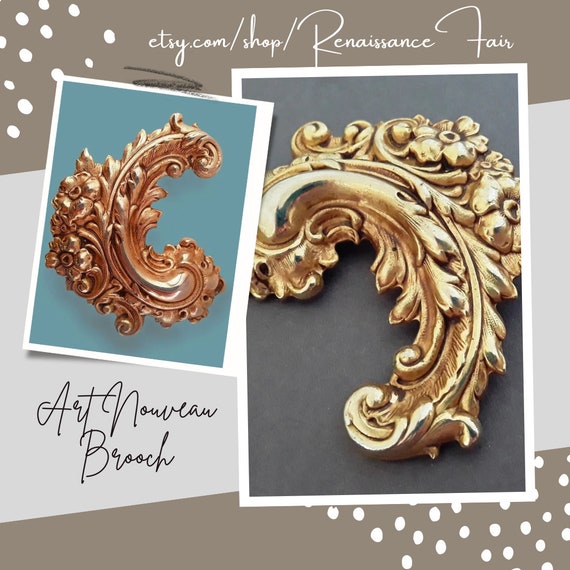 Art Nouveau Repousse Gold Tone Brooch, Acanthus L… - image 10