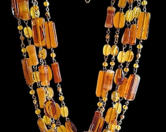 Topaz Glass Bead Multi Strand Necklace, Amber Honey Shades, Chain Link, Vintage