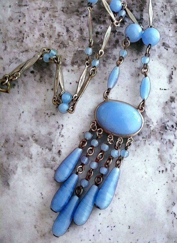 Art Deco Czech Blue Necklace, Milk Art Glass Dangl