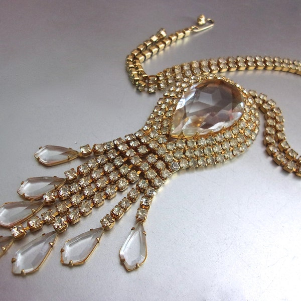 Clear Rhinestone & Tear Drop Dangle Necklace, Lavalier, Pale Citrine, Gold Plated, Vintage