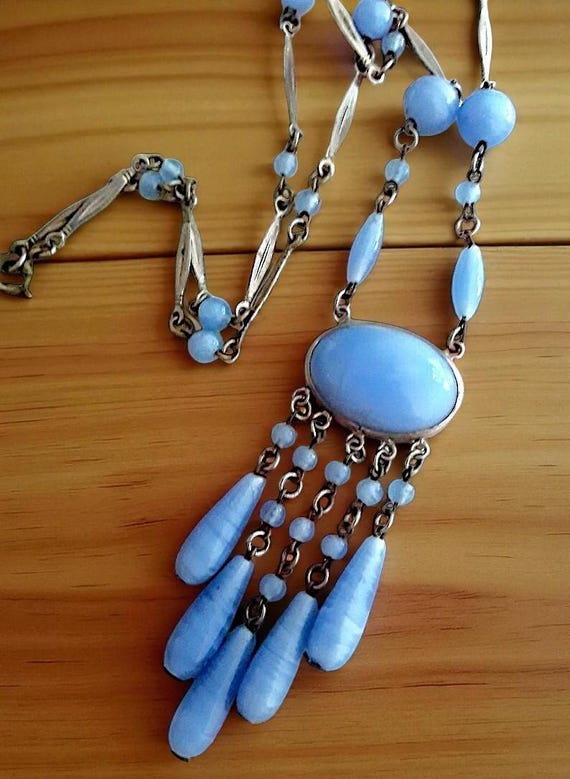 Vintage Czech Blue Art Glass Lavalier Necklace, Dangles, Bohemian Glass Pendant, Silver Tone Chain