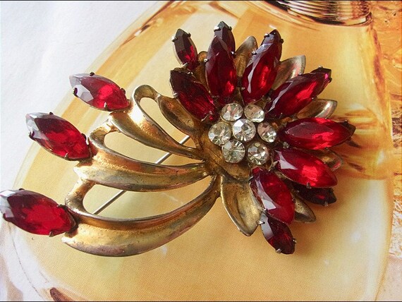 Sterling Silver Vermeil Red Floral Brooch, Gold Gi