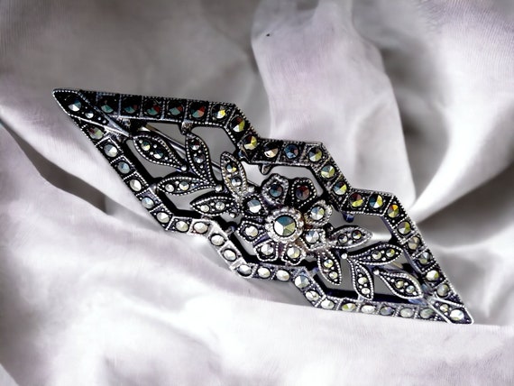 Art Deco Marcasites Sterling Silver Brooch Pin, S… - image 2