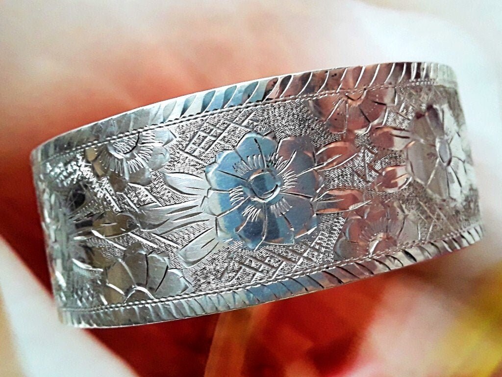 800 Silver Embossed Bracelet Bangle, Chased Floral Etchings, European Vintage