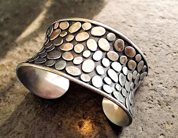 Sterling Silver Pebble Texture Cuff Bracelet, JAN… - image 1