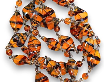 Czech Tiger Stripe Necklace, Golden Art Glass Beads Curve Twisted, 34 inches, Vintage
