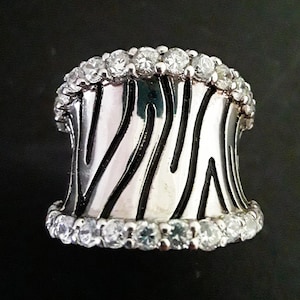 Zebra Black Stripe CZ Ring, Sterling Silver, ADI Modernist Concave, Size 8.5, Vintage