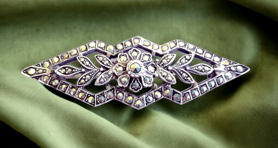 Art Deco Marcasites Sterling Silver Brooch Pin, S… - image 1