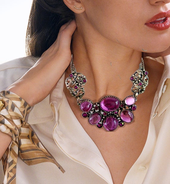 SELRO Purple Rhinestone Necklace, Large Glass Cab… - image 5