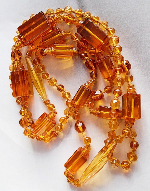 Czech Gold Topaz Glass Long Necklace, Geometric C… - image 1