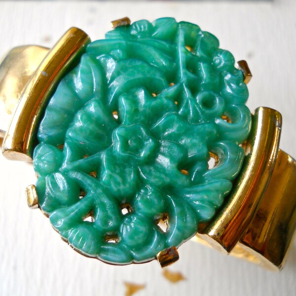 Peking Glass JOMAZ Hinged Bracelet, Carved Faux Jade, Gold Tone, Signed Vintage