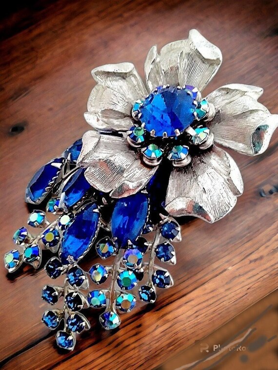 Signed SELINI Flower Brooch, Blue & AB Rhinestone… - image 2