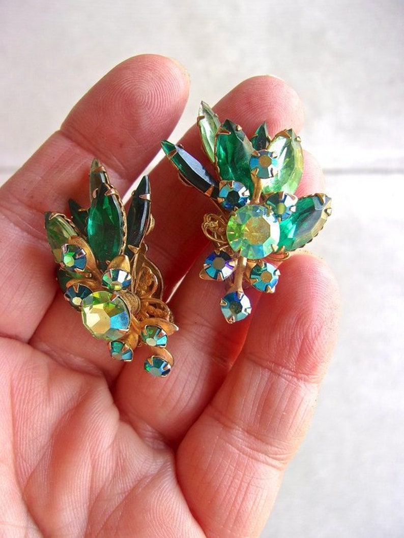 Green Rhinestone Spray Earrings BEAU JEWELS Marquis Navette Etsy