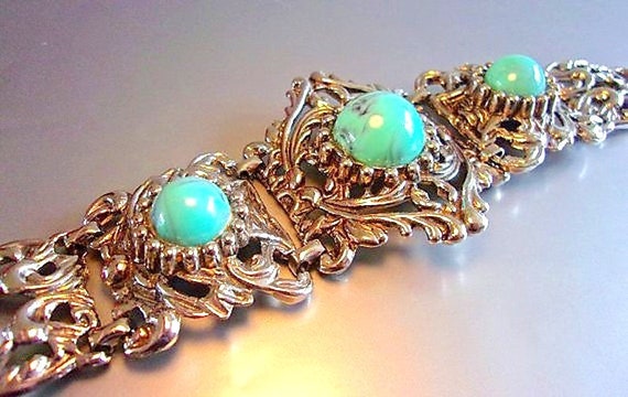 Victorian Revival Faux Turquoise Bracelet, Caboch… - image 4