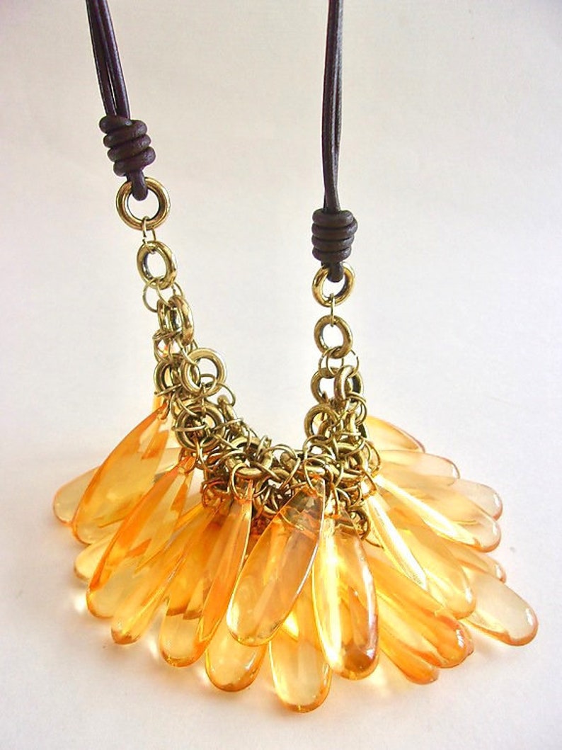Lucite Amber Crystal Bib Necklace Drop Faux Leather Cords Etsy