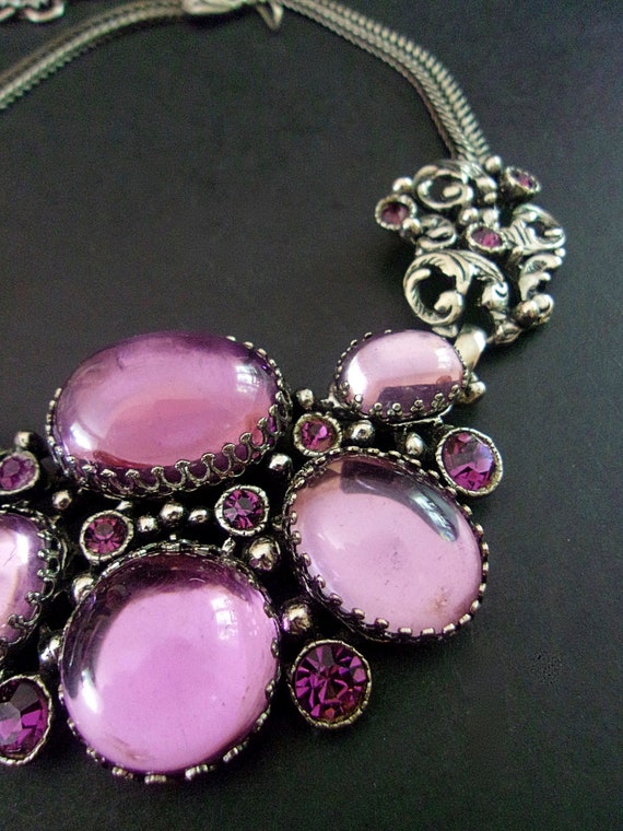 SELRO Purple Rhinestone Necklace, Large Glass Cab… - image 6