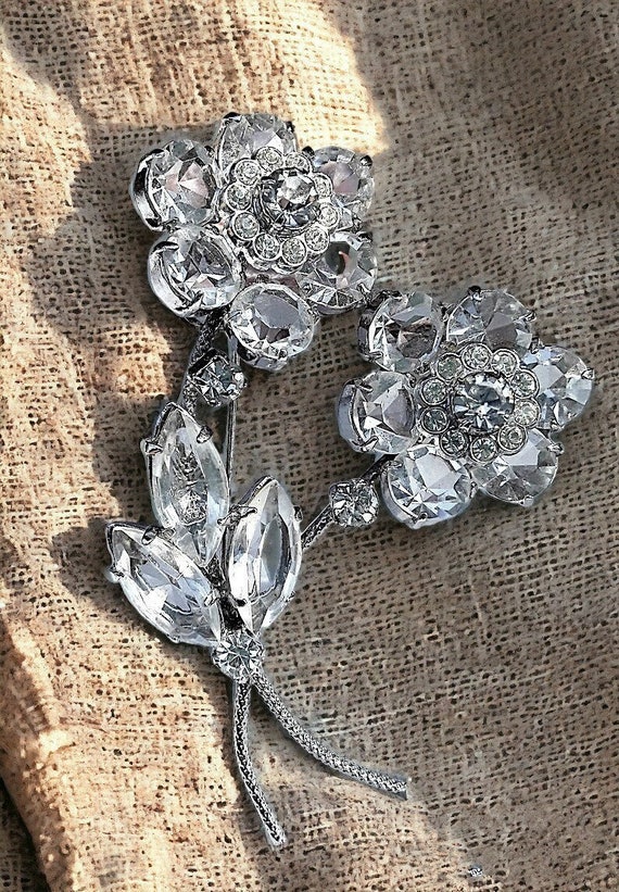 Czech Clear Rhinestone Bouquet Brooch, Silver Tone