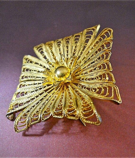 1000 Pure Silver Cannetille Brooch Pin, Gold Wash… - image 2