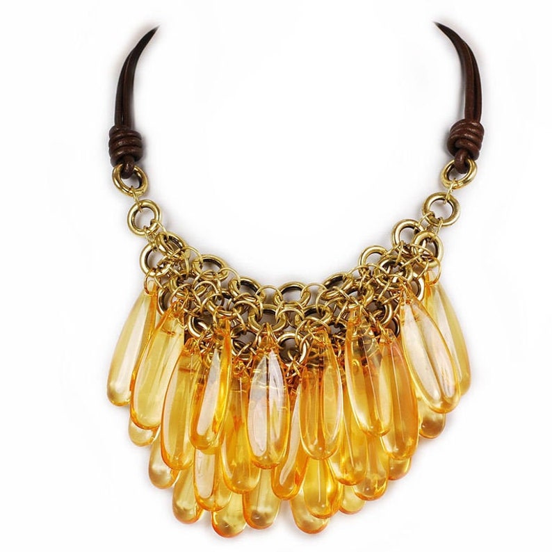 Lucite Amber Crystal Bib Necklace Drop Faux Leather Cords Etsy